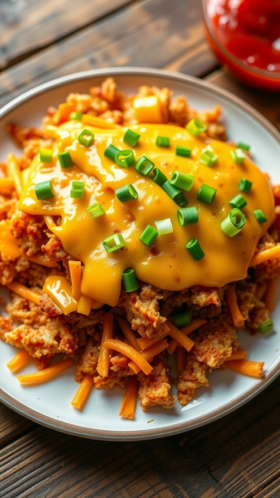 A delicious serving of cheesy hashbrowns, crispy and golden brown, garnished with green onions.